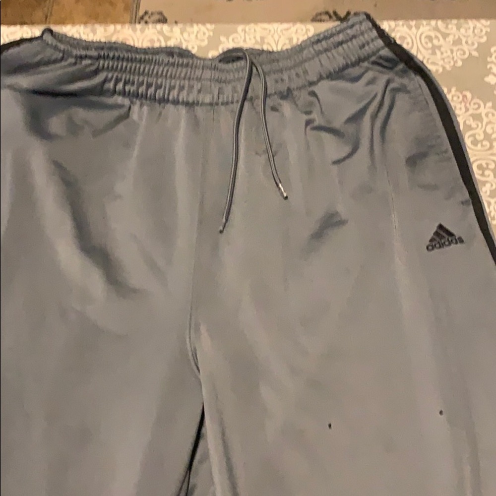 Adidas gray athletic pants with black stripes